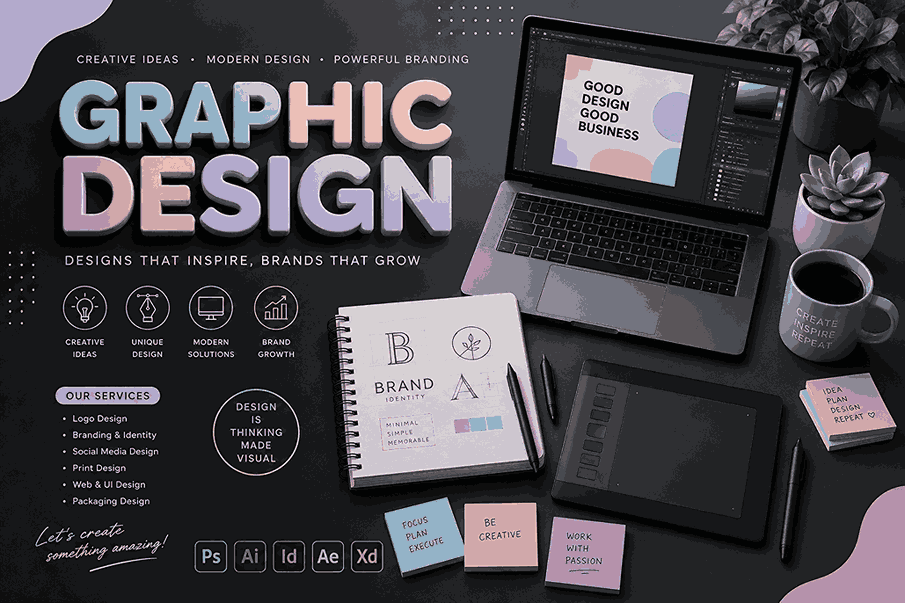 Modern graphic design poster with soft black-to-grey gradient background, pastel 3D typography, laptop workspace, digital tablet, sketchbook, indoor plants, and minimal creative flat lay elements.