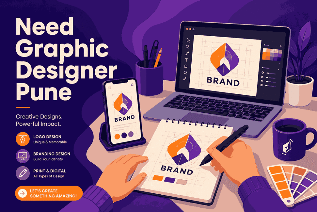 Need Graphic Designer Pune flat vector illustration with laptop logo design workspace, smartphone branding mockup, stylus sketching, and modern purple gradient background