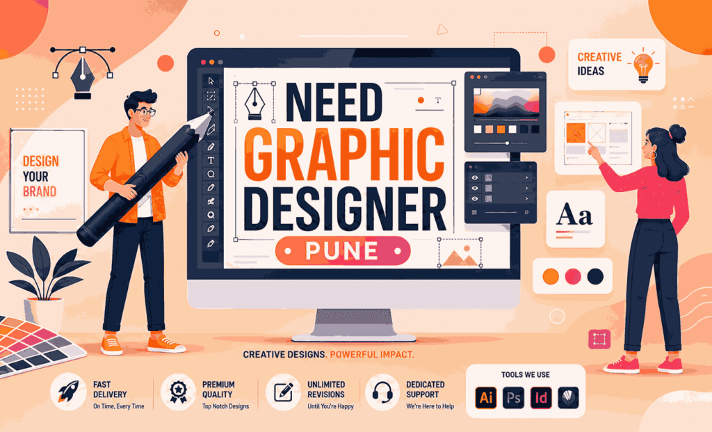 Need Graphic Designer Pune flat vector banner with desktop monitor UI, creative designers, stylus pen, wireframe elements, and Scandinavian-inspired branding visuals