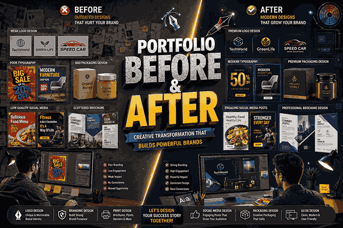 Portfolio Before and After graphic design transformation banner showing outdated branding versus premium modern logo design, packaging, brochures, and social media creatives