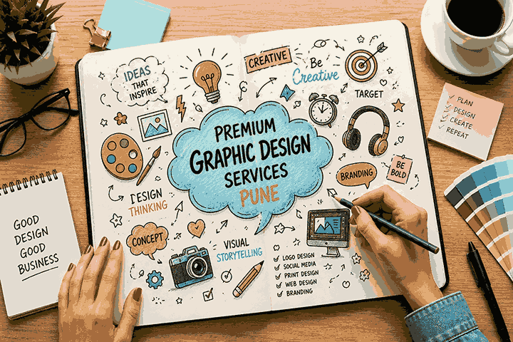 Creative brainstorming workspace with hand-drawn doodles, graphic design icons, and realistic female hands sketching “Premium Graphic Design Services Pune” in a notebook