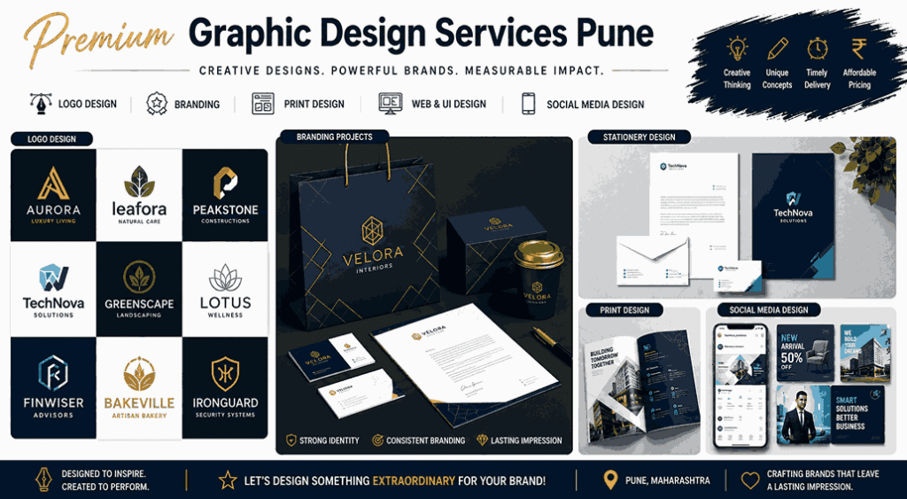 Premium Graphic Design Services Pune portfolio banner displaying logo design, branding projects, stationery design, print materials, and social media creatives.