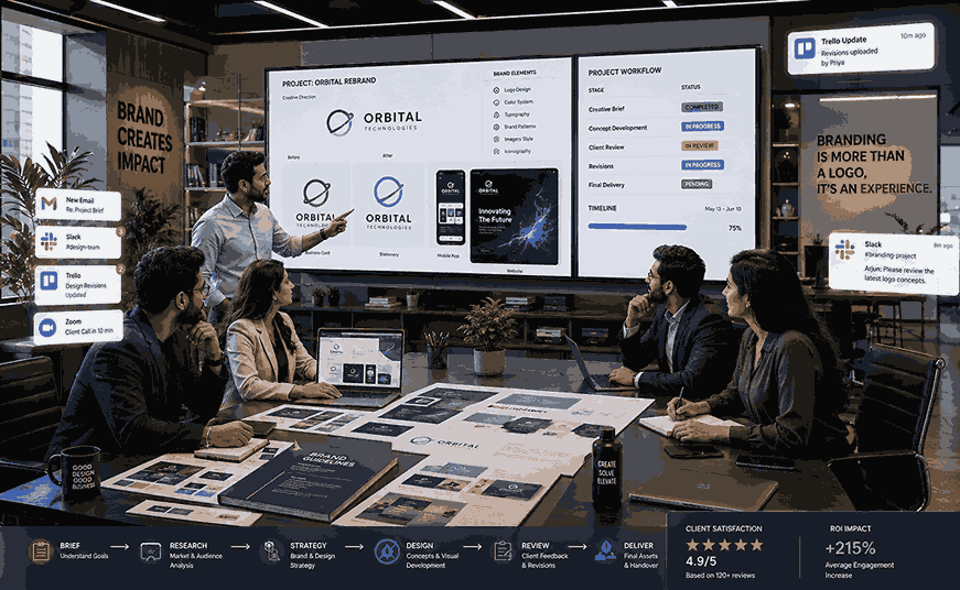 Professional branding agency workflow meeting with creative directors and clients reviewing branding revisions, UI presentations, and project timelines in a modern studio