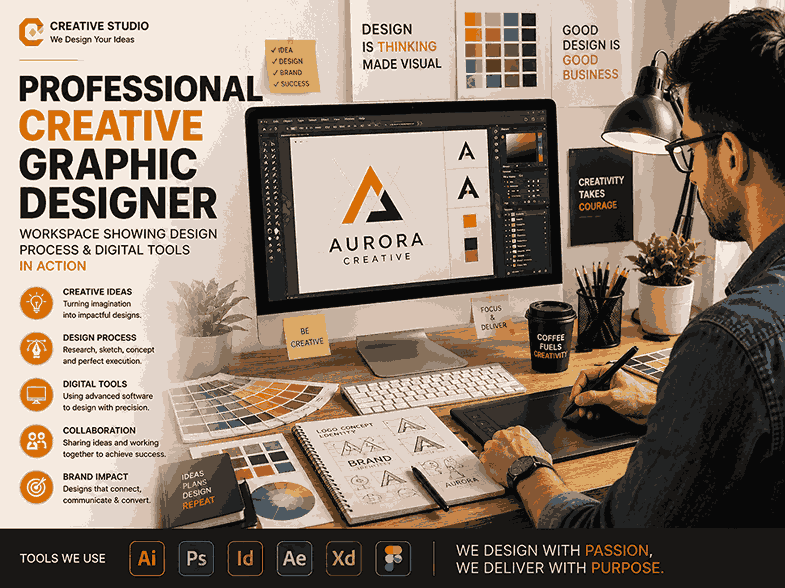 Professional creative graphic designer workspace with digital design tools, branding sketches, color palettes, drawing tablet, and desktop monitor displaying logo design process in action.