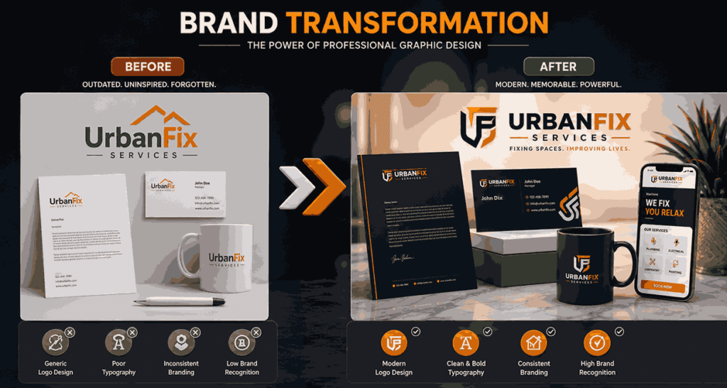 Before-and-after branding comparison showing transformation through professional graphic design with modern logo redesign, stationery mockups, and visual identity upgrades in landscape format.