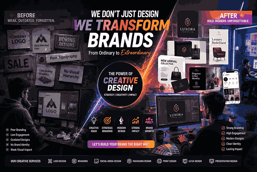 Professional graphic design transformation banner showing outdated branding versus premium modern branding with logo design, packaging, and social media creatives