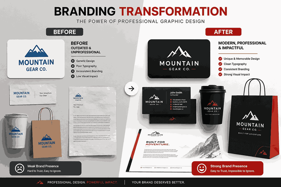 Before-and-after branding comparison showing transformation through professional graphic design with logo redesign, packaging mockups, stationery branding, and modern visual identity in landscape format.