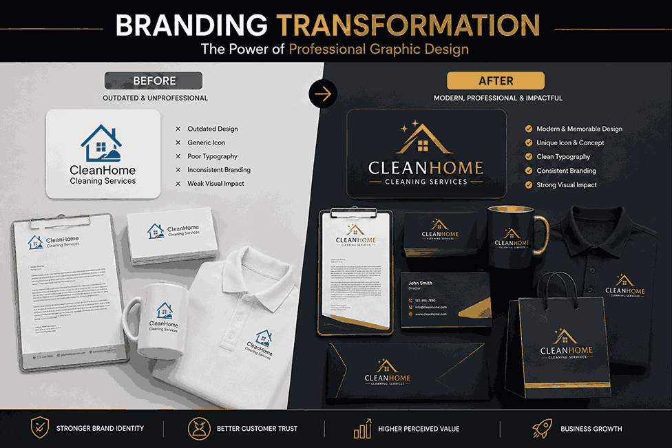 Before-and-after branding comparison showing transformation through professional graphic design with modern logo redesign, premium stationery, packaging mockups, and corporate visual identity in landscape format.