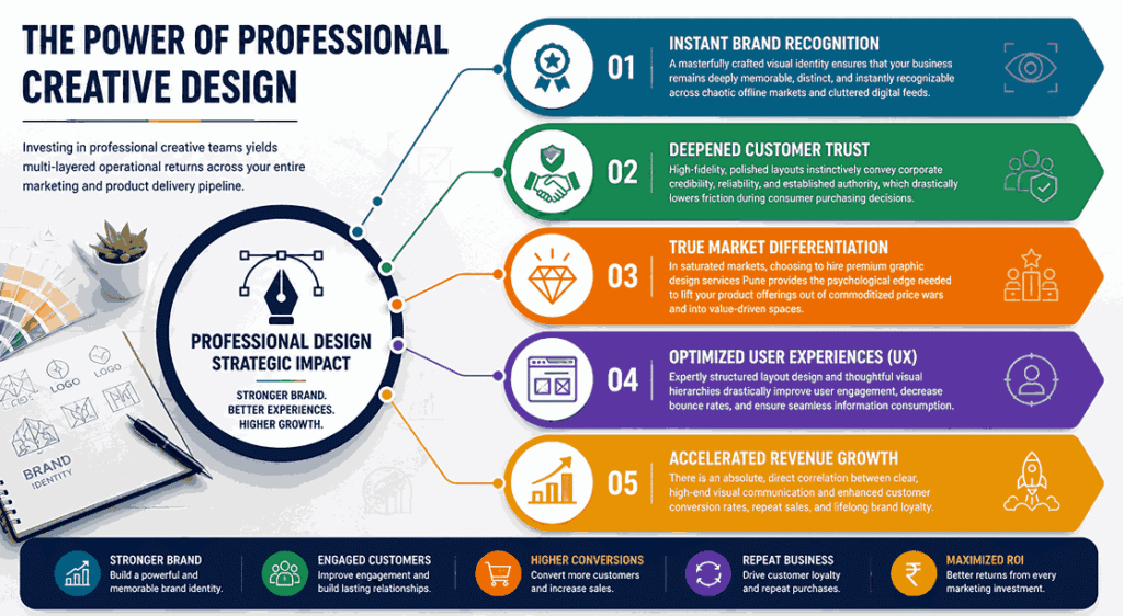 Professional creative design infographic showing brand recognition, customer trust, market differentiation, UX optimization, and revenue growth benefits from premium graphic design services.