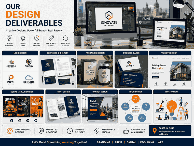 Showcase of graphic design deliverables including logo designs, packaging mockups, business cards, website layouts, social media graphics, brochures, and branding materials arranged in a modern 4:3 portfolio grid.