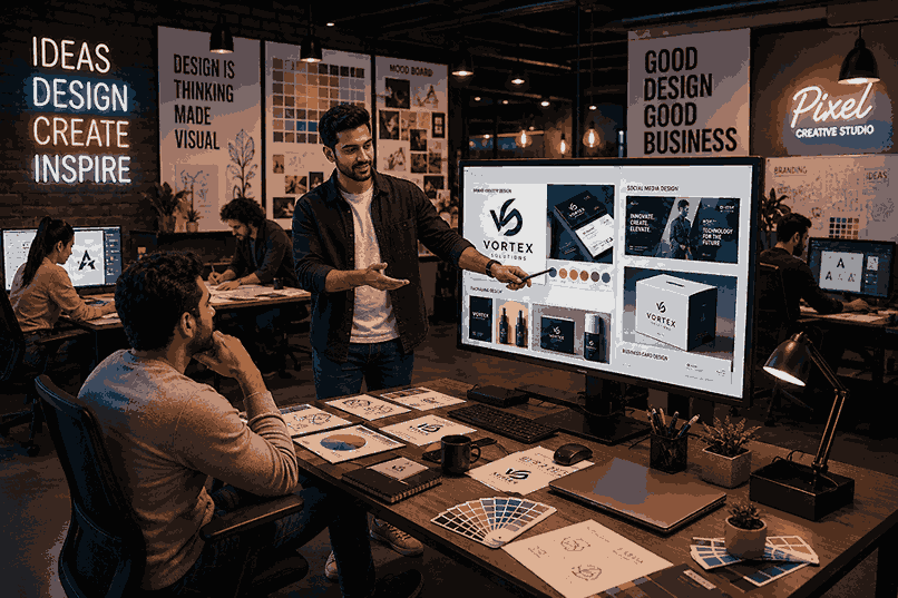 Professional graphic designer presenting branding concepts, logo designs, packaging mockups, and social media creatives to a client in a modern creative agency studio