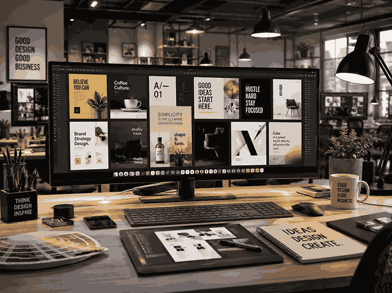 Modern graphic design workspace with ultra-wide monitor displaying branding designs in a creative office environment