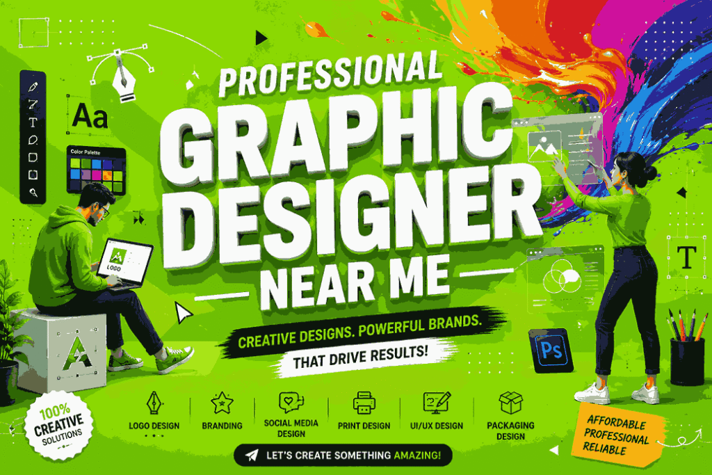 Professional Graphic Designer Near Me promotional banner with bold white 3D typography, bright green background, paint splash effects, creative designer illustrations, and floating UI graphics