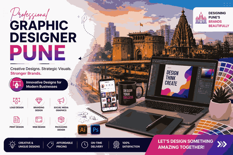 Professional Graphic Designer Pune creating innovative visual designs for modern businesses in India’s tech hub with Pune skyline, branding tools, and digital design workspace.