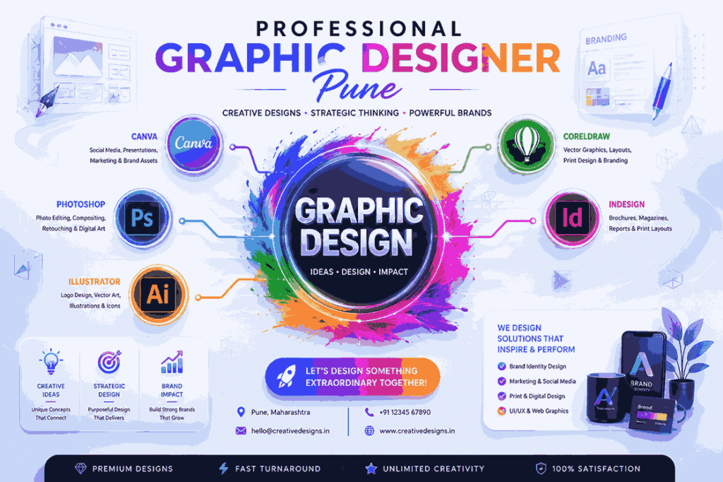 Professional Graphic Designer Pune infographic banner with glowing 3D graphic design emblem, creative software icons, neon workflow lines, and futuristic branding visuals