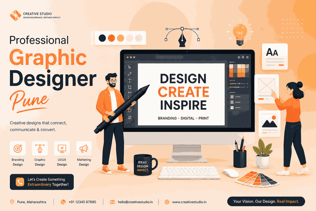 Professional Graphic Designer Pune vector illustration banner with creative designers, desktop monitor UI, stylus pen, branding elements, and modern Scandinavian-inspired workspace