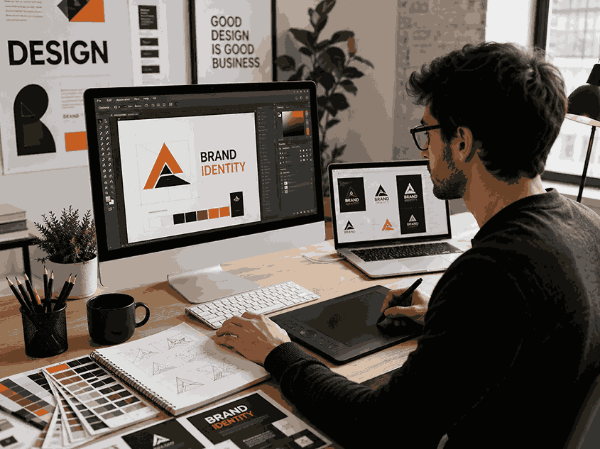 Professional graphic designer services near me in action, working on branding and logo design projects using a drawing tablet and digital design software in a modern studio workspace.