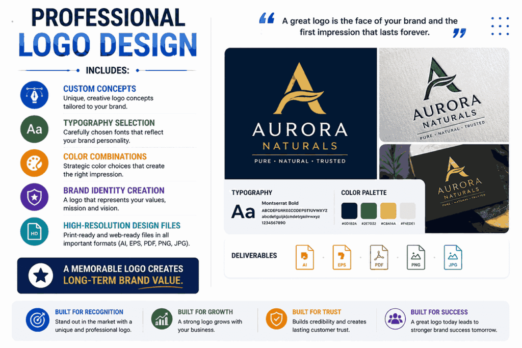 Professional logo design infographic highlighting custom logo concepts, typography selection, color palette creation, brand identity development, and high-resolution design file deliverables.