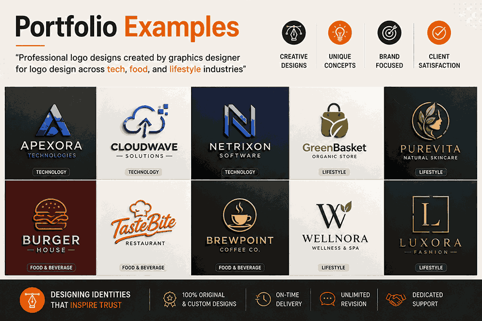 Portfolio Examples banner showcasing professional logo designs for tech, food, and lifestyle industries with modern branding layouts and creative identity concepts