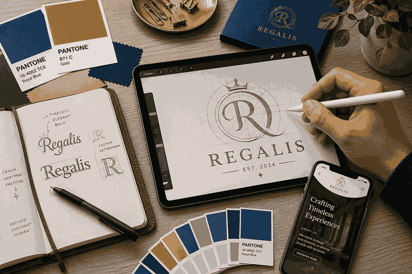 Close-up flat lay of a graphic designer workspace with iPad Pro logo sketch, Apple Pencil, Pantone color swatches, typography notebook, and smartphone website design layout