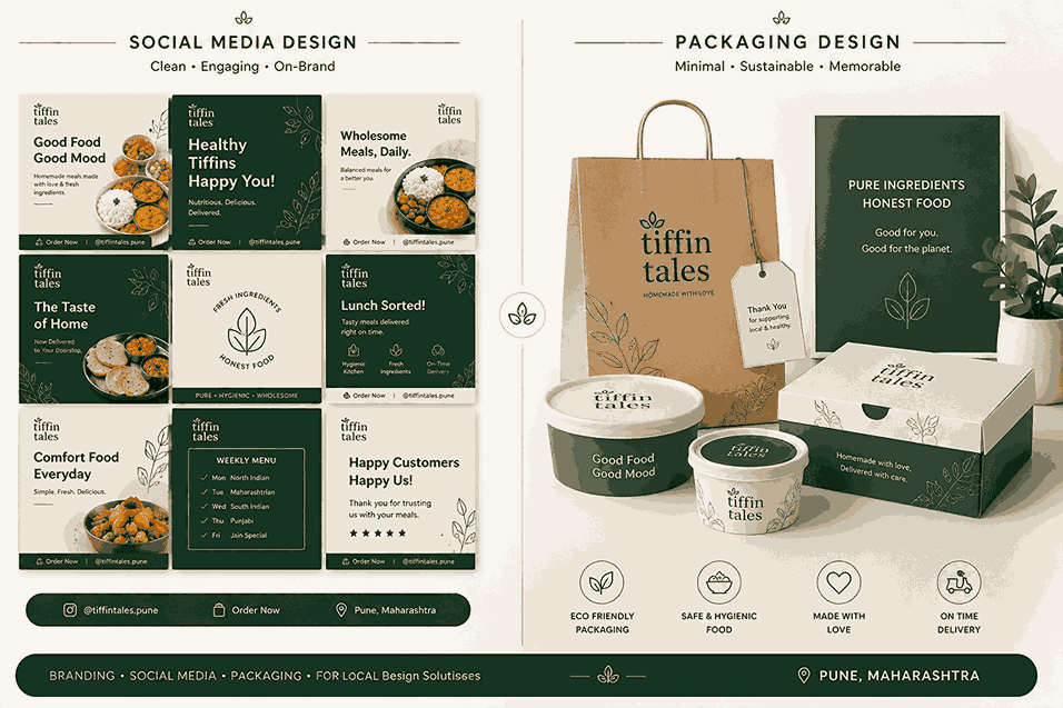 Food startup branding mockup with clean social media templates and minimalist packaging design for a local Pune food business