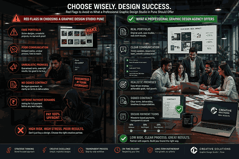 3D corporate office scene comparing red flags in choosing a graphic design studio in Pune versus a professional branding agency with transparent workflow and communication