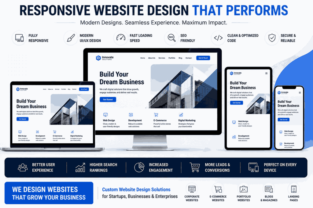 Responsive website mockup banner displaying modern web design layouts on desktop, tablet, and mobile devices with SEO-friendly and user-focused interface design.