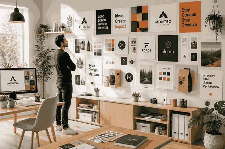 Bright Scandinavian-style graphic design studio with branding wall, logo concepts, packaging mockups, typography artwork, and creative designer admiring the projects