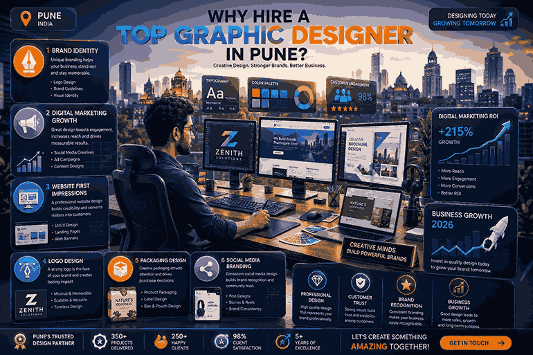 Top Graphic Designer in Pune infographic showing branding, website design, packaging design, digital marketing ROI, and business growth visuals in a futuristic 3D office setup