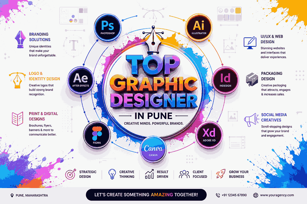 Top Graphic Designer in Pune infographic banner with glossy 3D typography, creative software icons, branding symbols, and colorful workflow design elements