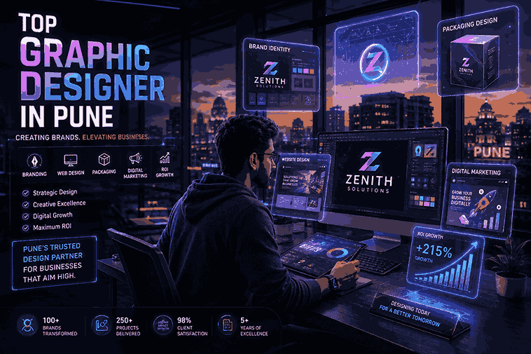 Top Graphic Designer in Pune futuristic 3D office scene with holographic branding assets, logo designs, packaging mockups, websites, and ROI growth visuals