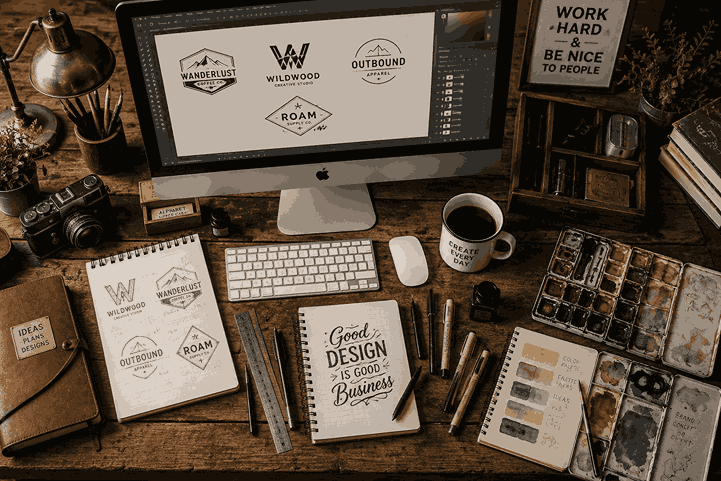 Top-view realistic artistic workspace with vintage-inspired creative tools, logo sketches, watercolor palette, ink pens, coffee mug, and desktop computer displaying branding concepts.