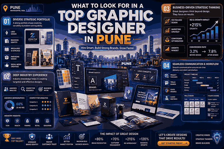 Top Graphic Designer in Pune infographic banner showing portfolio samples, branding mockups, ROI charts, workflow dashboards, and communication tools in a futuristic 3D layout