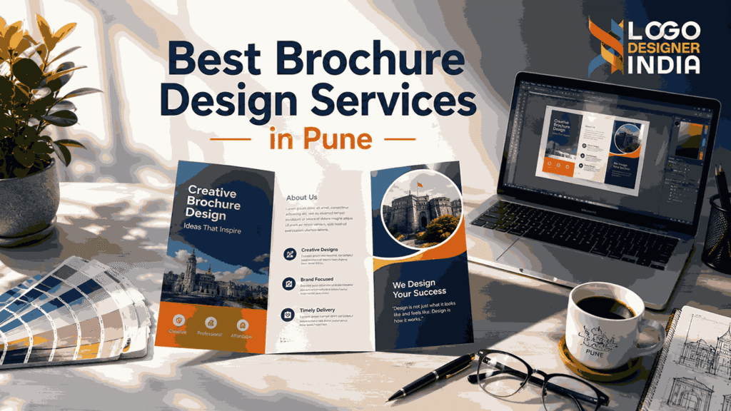 Best brochure design services in Pune - professional tri-fold brochure mockup on designer desk
