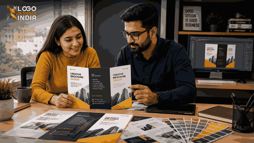 Client consultation for brochure design services in Pune with a designer reviewing creative brochure drafts and printed samples in a modern office by Logo Designer India.