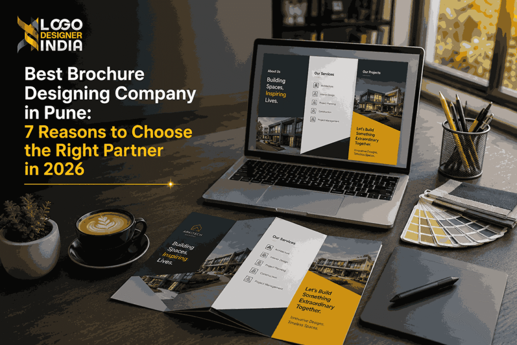 Modern design studio workspace in Pune featuring a laptop displaying a tri-fold brochure design, printed brochure samples, color swatches, and branding materials from a brochure designing company.