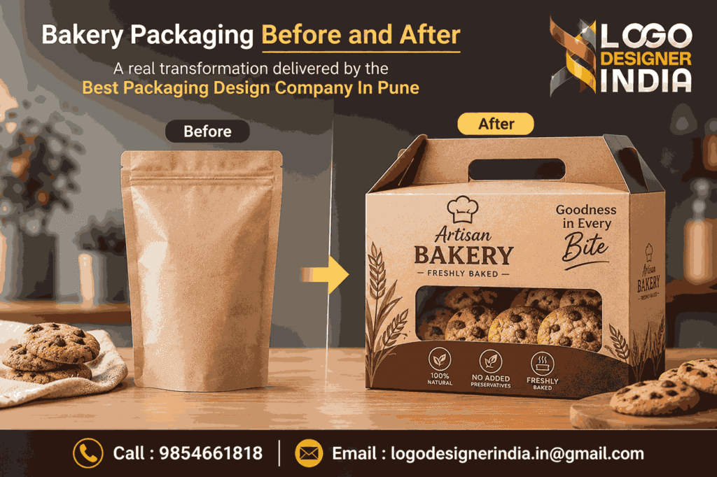 Packaging transformation by the Best Packaging Design Company In Pune for a bakery brand