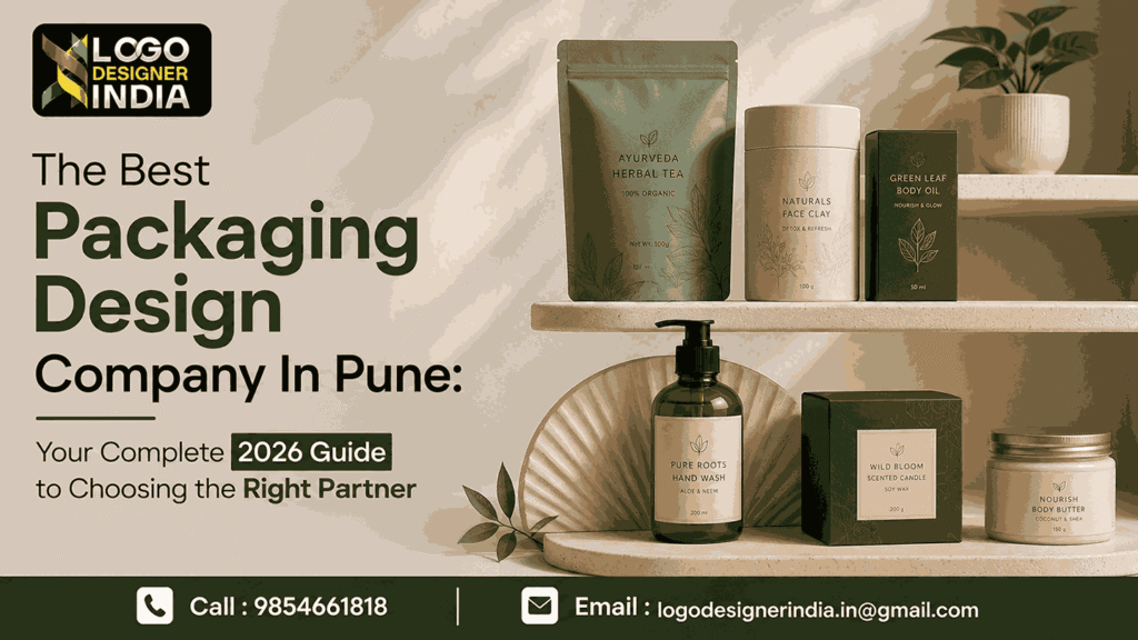 The Best Packaging Design Company In Pune showcasing modern premium packaging designs displayed on professional office shelves
