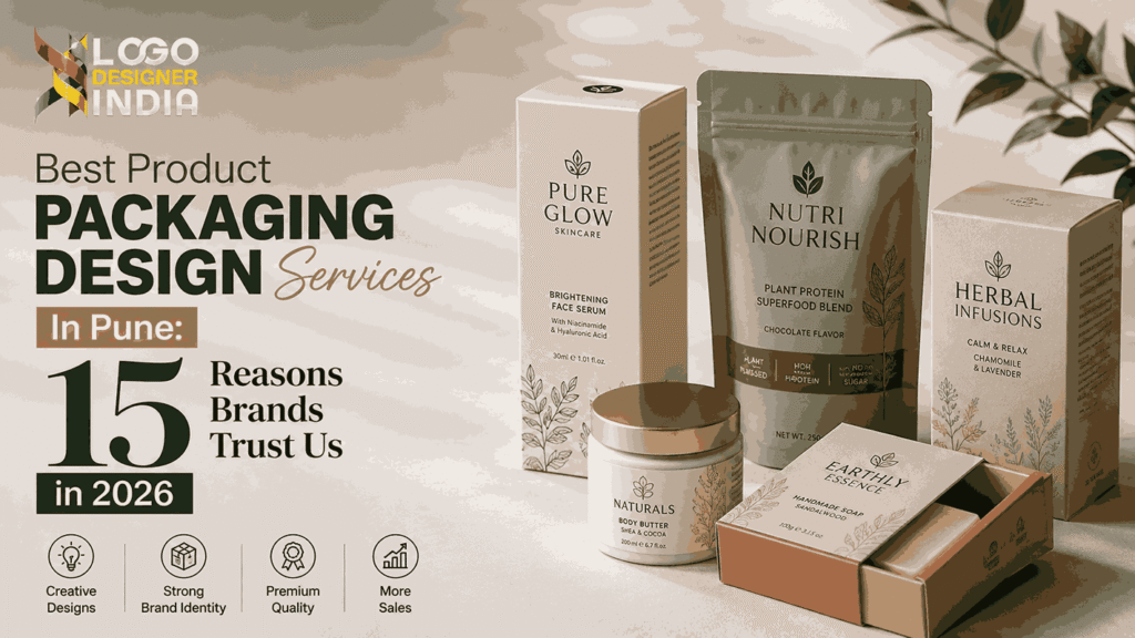 Best Product Packaging Design Services In Pune by Logo Designer India featuring premium cosmetic, food, and retail packaging designs in a modern flat-lay studio setup.