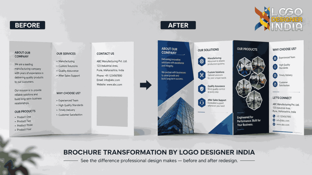 Before and after comparison of a corporate brochure redesign by a professional brochure designing agency in Pune.