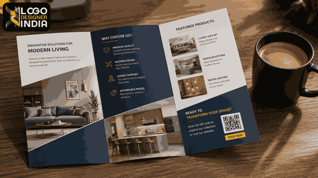 Professional brochure design service in Pune featuring a tri-fold brochure with a bold CTA, product images, and QR code.