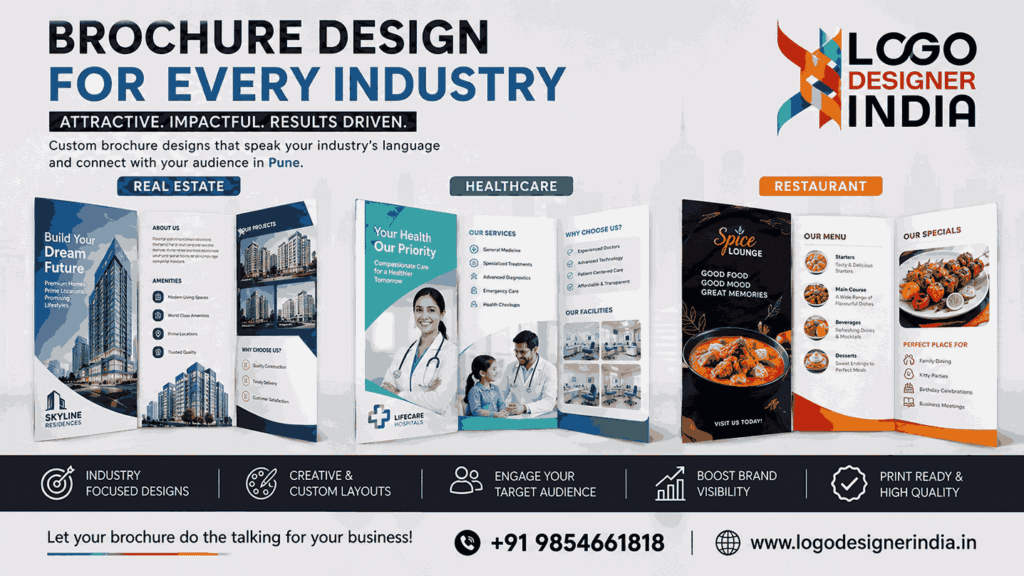 Brochure design for every industry in Pune by Logo Designer India featuring real estate, healthcare, and restaurant brochure examples.