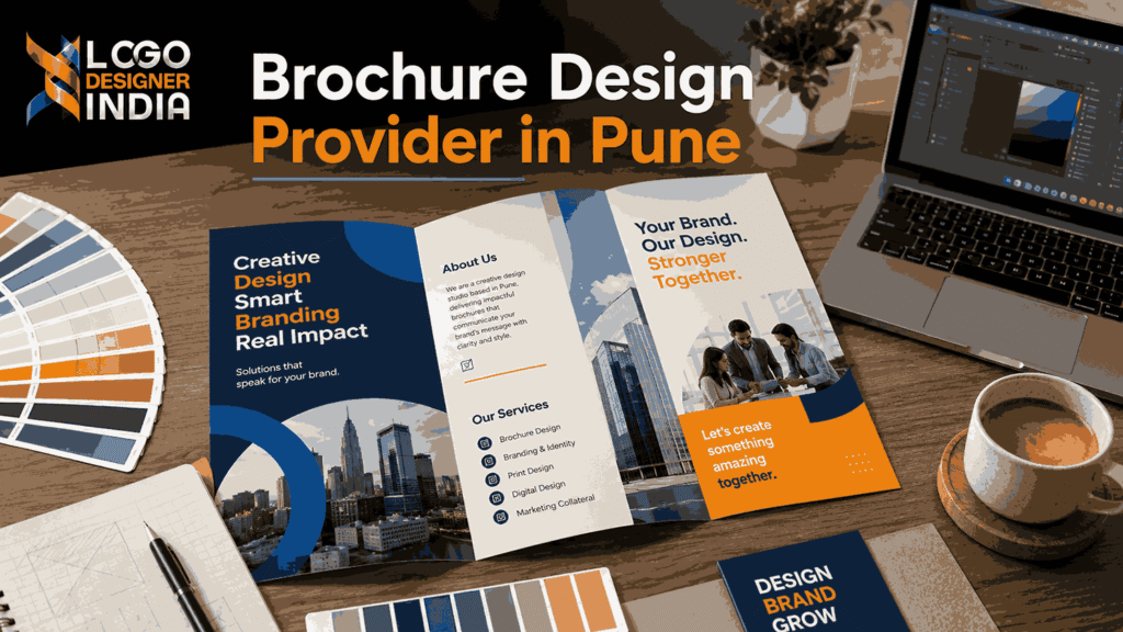 Professional brochure design provider in Pune showcasing a tri-fold brochure mockup on a modern design studio desk with laptop, color swatches, coffee, and Logo Designer India branding.
