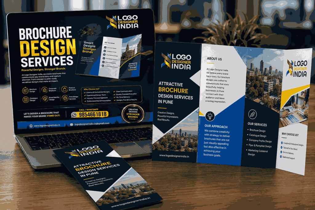 Professional brochure design services in Pune by Logo Designer India displayed on a laptop and tri-fold brochure mockup in a modern office workspace.