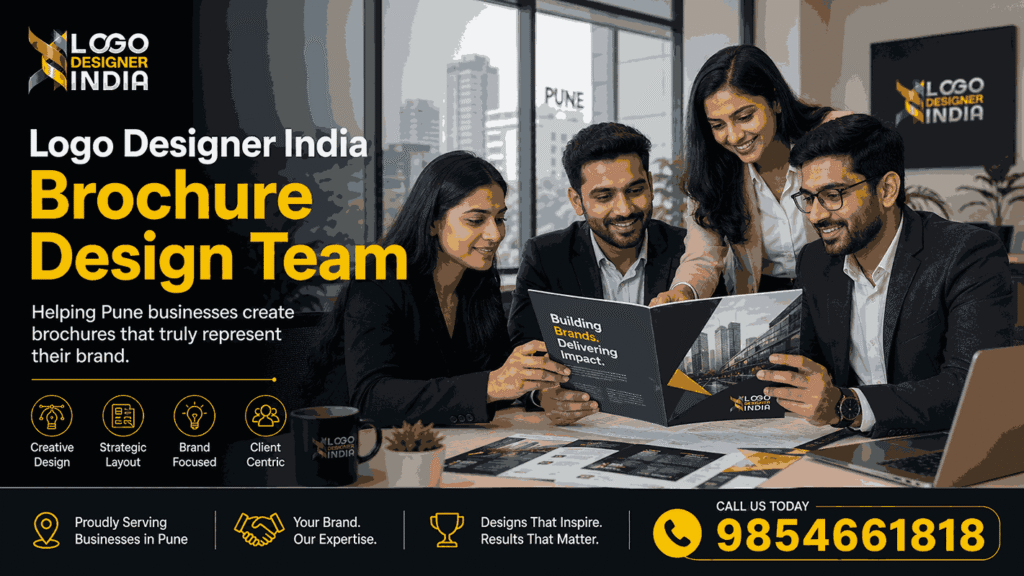 Professional brochure design team in Pune collaborating on corporate brochure concepts and brand marketing materials