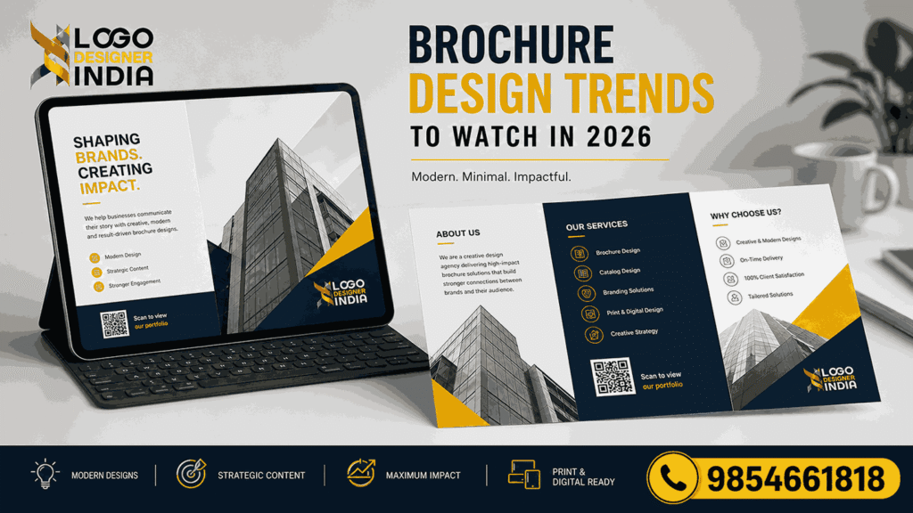 Modern corporate brochure design trends for 2026 featuring print and digital brochure formats with professional branding and minimal layouts