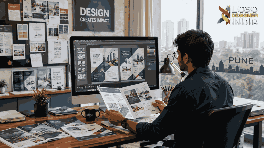 Professional brochure designing agency in Pune creating corporate brochure layouts in a modern design studio.