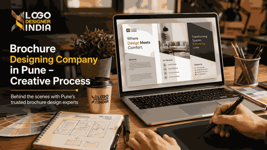 Brochure designing company in Pune creating a modern tri-fold brochure layout on a laptop workspace with branding and color swatches