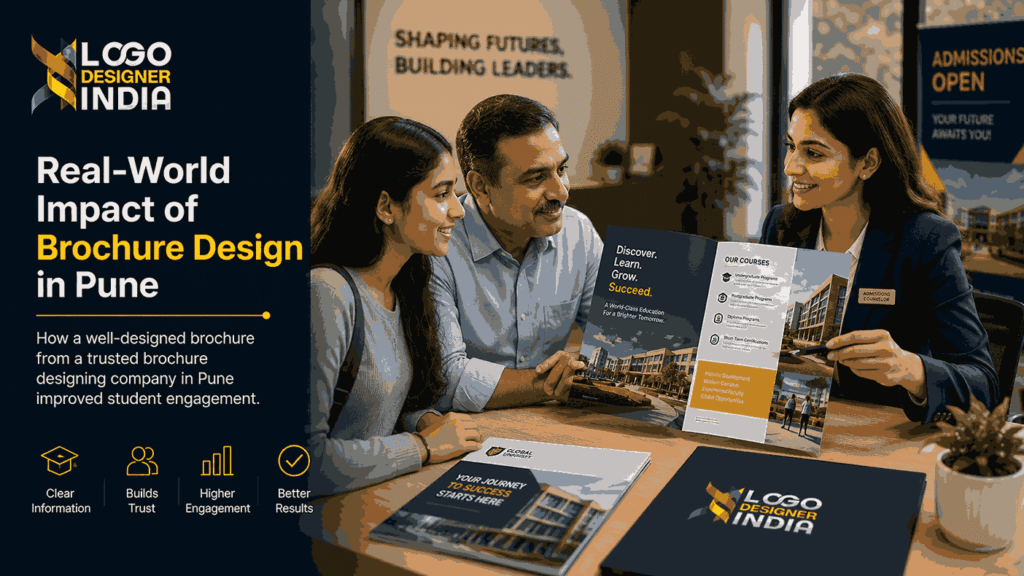 Education institute using a professionally designed course brochure created by a brochure designing company in Pune to engage prospective students and parents during admissions counseling.