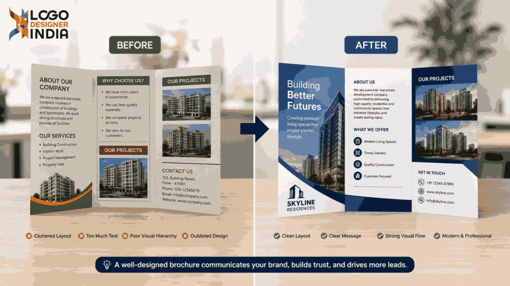 Professional brochure design agency in Pune showcasing a before and after brochure redesign comparison with modern, clean layout improvements.